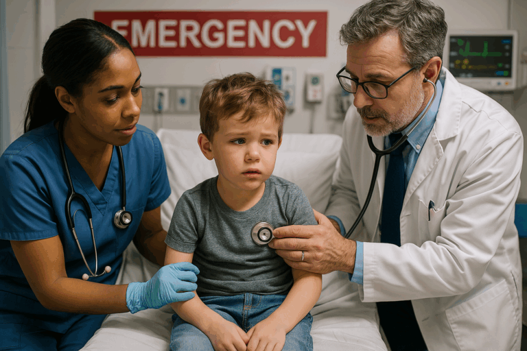 Create an image of a little kid in emergency department treat by nurss and doctor