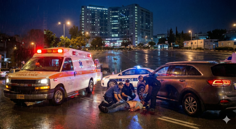 אמבולנס ניידת ורכב בית חולים ברקע