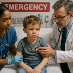Create an image of a little kid in emergency department treat by nurss and doctor Create an image of a little kid in emergency department treat by nurss and doctor