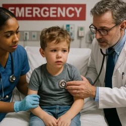 Create an image of a little kid in emergency department treat by nurss and doctor