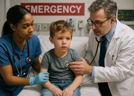 Create an image of a little kid in emergency department treat by nurss and doctor