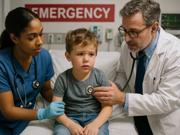 Create an image of a little kid in emergency department treat by nurss and doctor