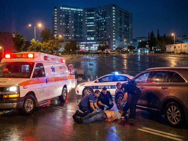 אמבולנס ניידת ורכב בית חולים ברקע